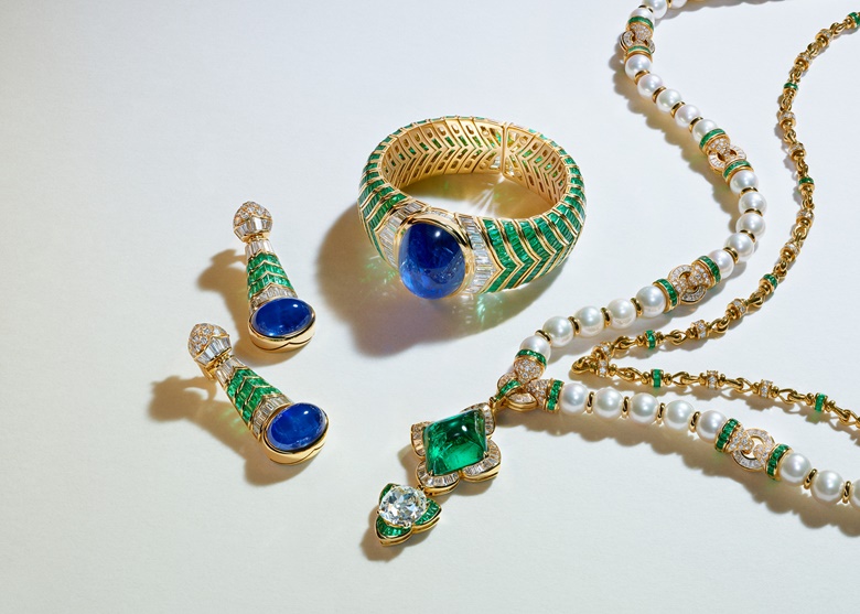 Bulgari sapphire, emerald and diamond earrings; a Bulgari sapphire, emerald and diamond bangle; and a Bulgari emerald and diamond pendant. Estimates on request. All offered in The World of Heidi Horten Part I in May 2023 at Christie’s in Geneva