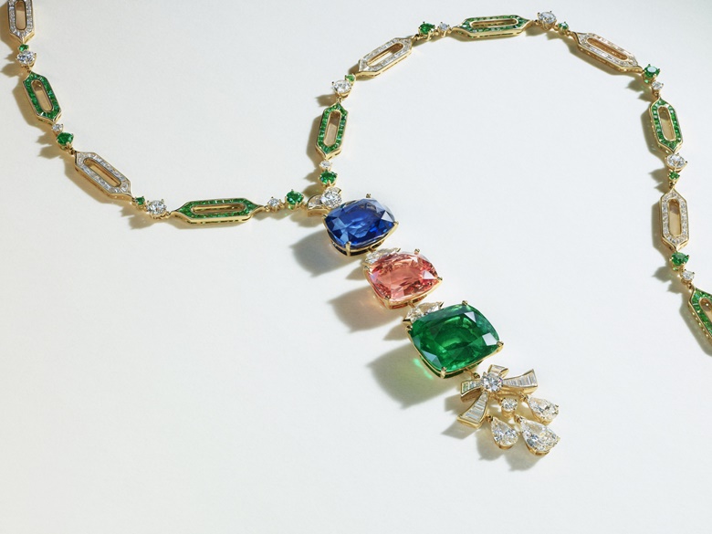 A unique Bulgari sapphire, coloured sapphire, emerald and diamond necklace. Estimate on request. Offered in The World of Heidi Horten Part I in May 2023 at Christie’s in Geneva