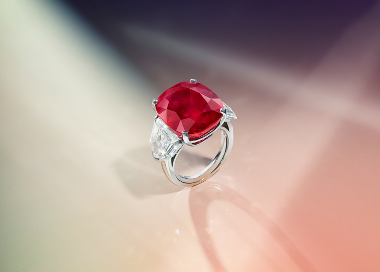 ‘The Sunrise Ruby’ Cartier ruby and diamond ring. Estimate on request. Offered in The World of Heidi Horten Part I in May 2023 at Christie’s in Geneva