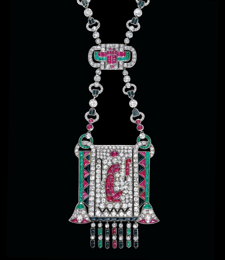 An exceptionally rare Van Cleef & Arpels ruby, emerald, onyx and diamond Egyptian Revival sautoir. Estimate on request. Offered in The World of Heidi Horten Part I in May 2023 at Christie’s in Geneva