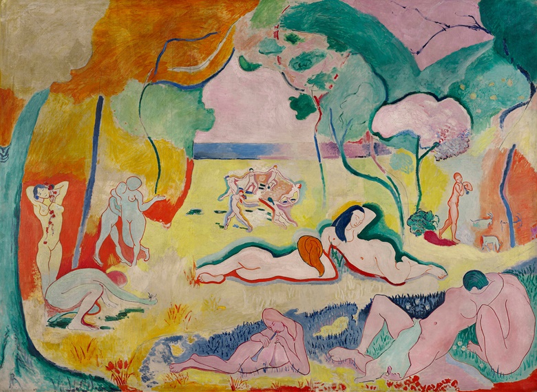 Henri Matisse, Le Bonheur de vivre (The Joy of Life), 1905-06. Oil on canvas. 69½ x 94¾ in (176.5 x 240.7 cm). The Barnes Foundation, Philadelphia. Photo Album  Scala, Florence. Artwork © Succession H. Matisse  DACS 2023