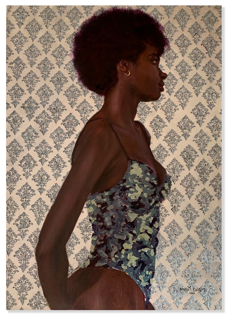 Enighe Amba (b. 2000), Akebokep Mamia-Isong (Slim Hot Tea), 2022. Acrylic and oil on canvas. 43 x 30 in (109.3 x 76.2 cm). Offered in the private selling exhibition Note to Self, 28 March to 14 April 2023 at Christie’s in London