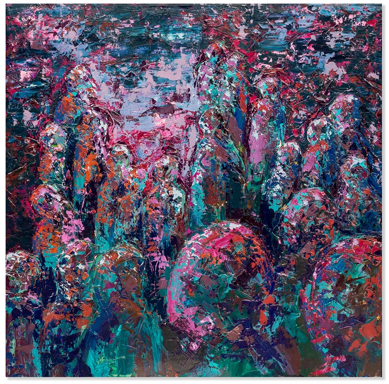 Sabrina Coleman-Pinheiro (b. 1990), Communal Agony, 2022. Acrylic on canvas. 47¾ x 47¾ in (121.2 x 121.4 cm). Offered in the private selling exhibition Note to Self, 28 March to 14 April 2023 at Christie’s in London