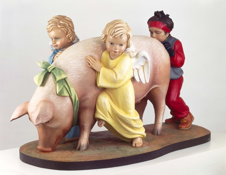 Jeff Koons (b. 1995), Ushering in Banality, 1988. 38 x 62 x 30 in (96.5 x 157.5 x 76.2 cm). Polychromed wood. Sold for $3,900,000 in ADAM Works from the Collection of Adam Lindemann on 9 March 2023 at Christie’s in New York. © Jeff Koons