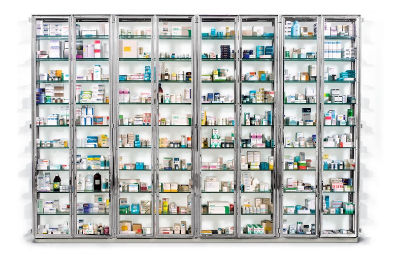 Damien Hirst (b. 1965), The Sleep of Reason, 1997-1998. 98 x 144⅞ x 11¼ in (249 x 368 x 28.6 cm). Glass, stainless steel, steel, nickel, brass, rubber and pharmaceutical packaging. Sold for $2,220,000 in ADAM Works from the Collection of Adam Lindemann on 9 March 2023 at Christie’s in New York. © Damien Hirst and Science Ltd. All rights reserved, DACS 2022