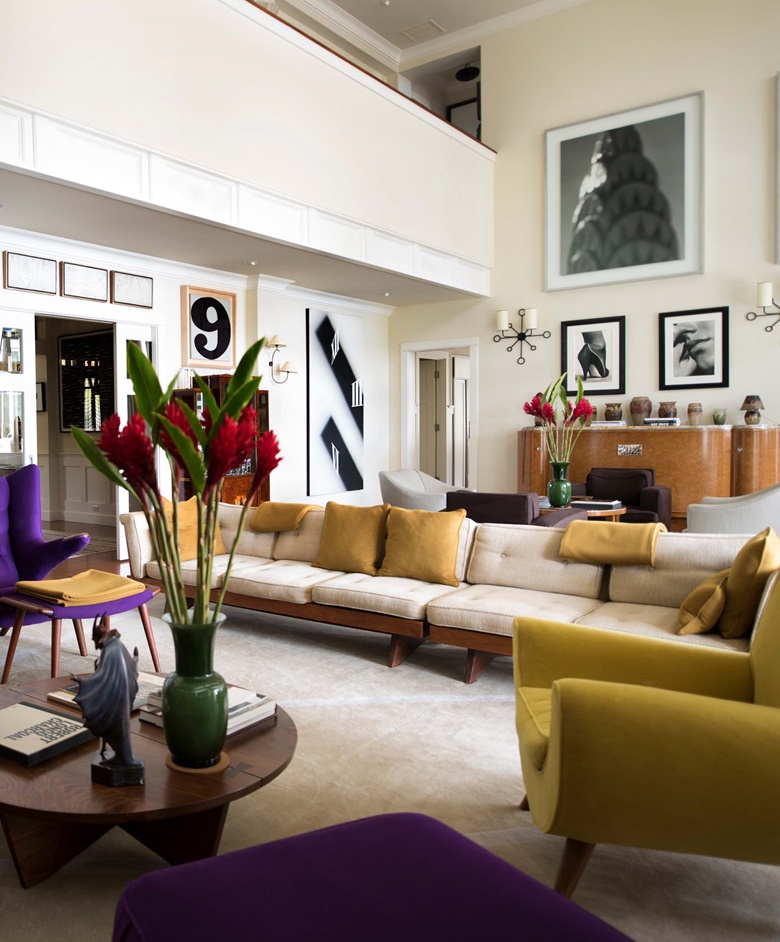 Amongst the myriad works in the living room are pieces by Hiroshi Sugimoto, Robert Indiana, Ed Ruscha, and Gabriel-Argy Rousseau