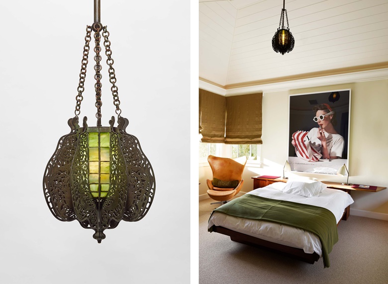 Left Tiffany Studios, Moorish lantern, c. 1900. Favrile glass, patinated bronze. 37 in. (94 cm) drop, 12 in (30.5 cm) diameter. Sold for $88,200 in Art of Collecting A Pacific Island Connoisseur of Art and Design on 7 March 2023 at Christie’s New York. Right In the bedroom, a rounded Tiffany Studios lantern is in conversation with an Arne Jacobsen ‘Egg’ chair, Nakashima bed, and