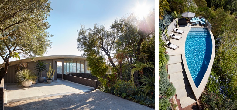 Left the entrance to the Garcia House; Right the tear-shaped pool, based on John Lautners original design