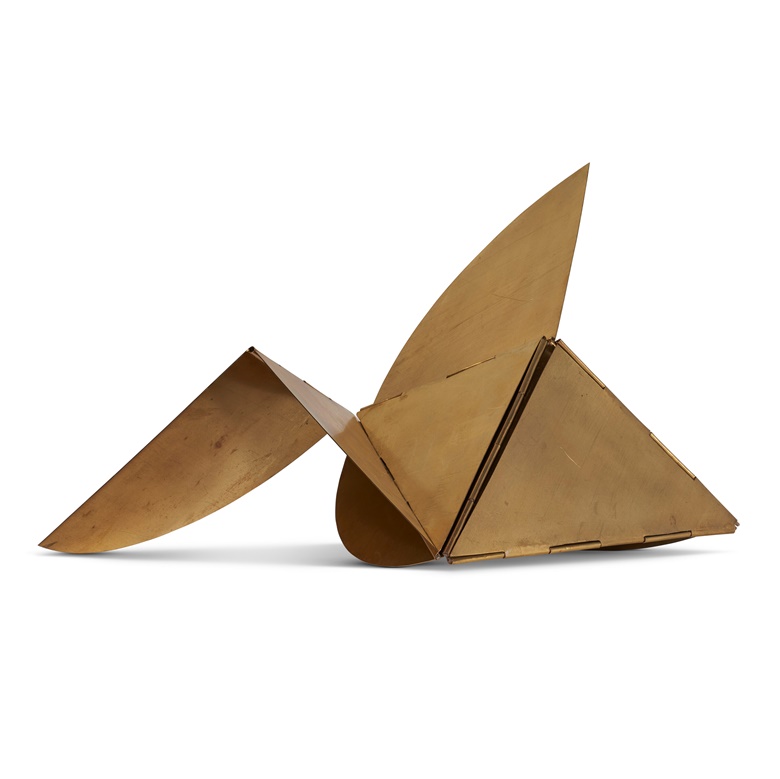 Lygia Clark (1920-1988), Bicho, 1960. 7 x 14½ x ⅛ in (18 x 37 x .31 cm) folded; 22½ x 26½ x ⅛ in (57.2 x 67.3 x .31 cm) fully extended (dimensions vary when extended). Brass. Sold for $529,200 in Latin American Art on 9 March 2023 at Christies in New York
