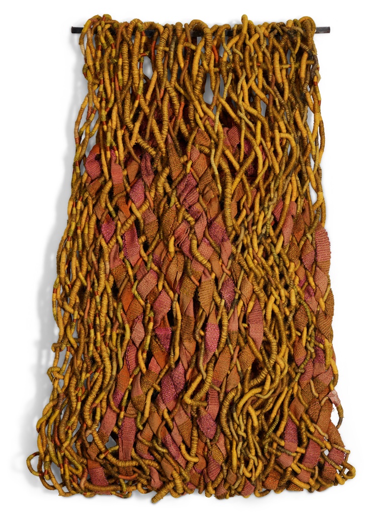 Olga de Amaral (b. 1932), Entrelazado en amarillo, 1975. 64 x 44 in (162.5 x 111.7 cm). Horsehair and wool. Sold for $100,800 in Latin American Art on 9 March 2023 at Christies in New York