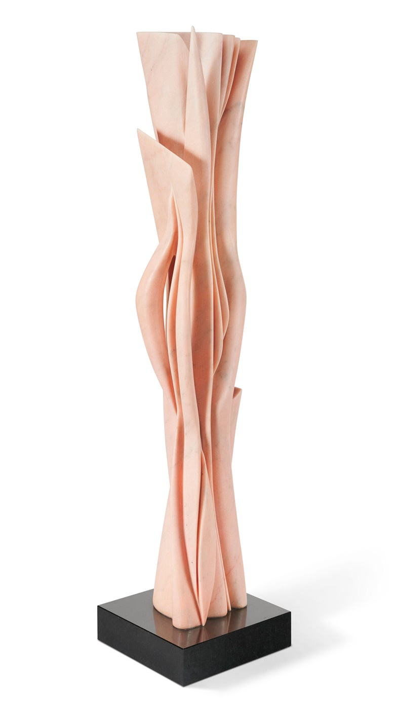 Pablo Atchugarry (b. 1954), Bruges Sensation, 2004. Height 14½ in (36.8 cm) Width 36 in (91.4 cm) Depth 14 in (35.6 cm). Pink Portuguese marble on granite base. Sold for $163,800 in Latin American Art on 9 March 2023 at Christies in New York