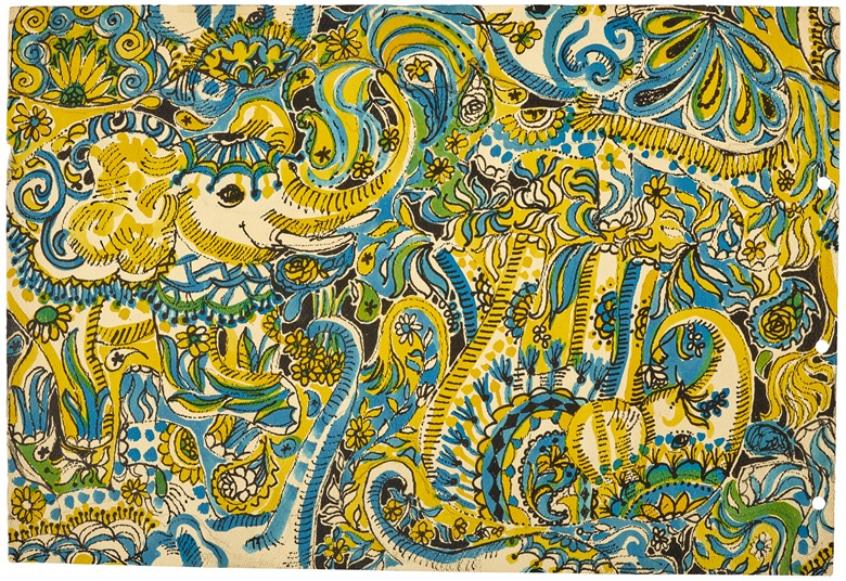 Suzie Zuzek (1920-2011), Elephants, 1970. Watercolour, ink, and graphite on paper. 22 ¼ x 15 in. (65.5 x 38.1 cm). Estimate $5,000-7,000. Offered in Suzie Zuzek The Artist Behind Lilly Pulitzer on 31 March-17 April at Christie’s online. © The Original I.P. LLC