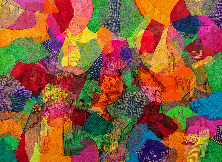 Arjuna Gunarathne (b. 1976; RDS alumnus 2018), Joyous Celebration, 2023. Pen and ink on paper. 90 x 120 cm. Original artwork and limited-edition prints offered in support of The Drawing Year Scholarship Fund. On view at Christie’s in London until 25 May 2023