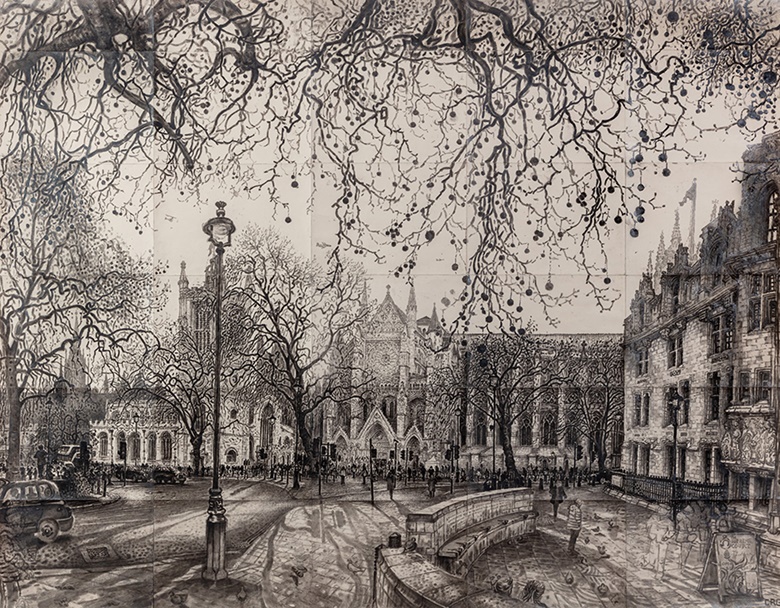 Christopher Green (b. 1979; RDS 2008 alumnus), Westminster Abbey, The Spring Coronation, 2023. Ink on paper. 163 x 207 cm. Original artwork and limited-edition prints offered in support of The Drawing Year Scholarship Fund. On view at Christie’s in London until 25 May 2023