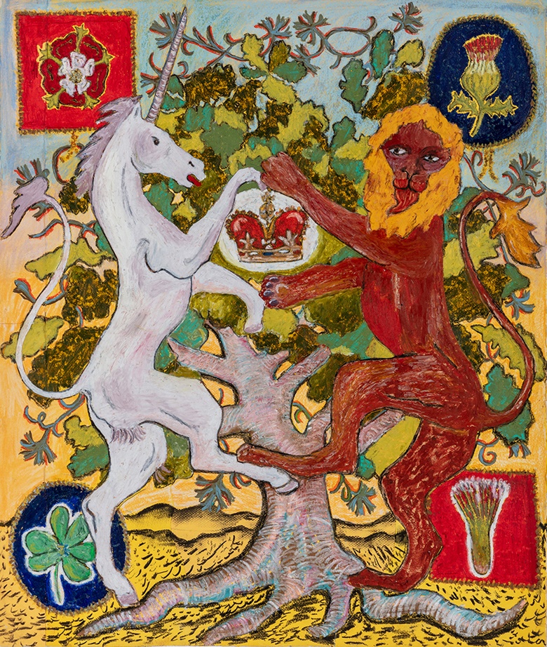 Christabel MacGreevy (b. 1991; RDS alumna 2017), The Lion & The Unicorn, May 2023. Charcoal, pastel and gouache with collage on paper. 62 x 73 cm. Original artwork and limited-edition prints offered in support of The Drawing Year Scholarship Fund. On view at Christie’s in London until 25 May 2023