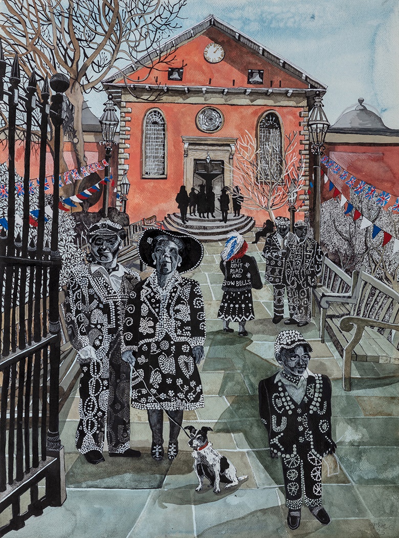 Sophie Charalambous (b. 1973; RDS alumna 2009), The Pearly Kings and Queens Pageant, 2023. Pen, ink and watercolour on khaki paper. 56 x 76 cm. Original artwork and limited-edition prints offered in support of The Drawing Year Scholarship Fund. On view at Christie’s in London until 25 May 2023