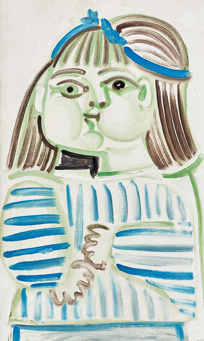 Pablo Picasso (1881-1973), Buste de jeune fille (Paloma), 1951. Oil and ripolin on canvas. 21½ x 13 in (54.6 x 33 cm). Estimate $1,200,000-1,800,000. Offered in Impressionist & Modern Art Day Sale on 13 May 2023 at Christie’s in New York