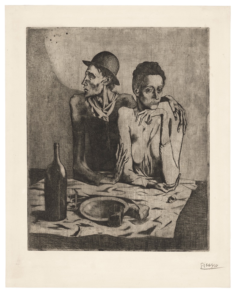Pablo Picasso (1881-1973), Le repas frugal, 1904. Etching and scraper, on laid Arches paper. 23 x 18¼ in (58.4 x 46.5 cm). Estimate $3,000,000-5,000,000. Offered in 20th Century Evening Sale on 11 May 2023 at Christies in New York