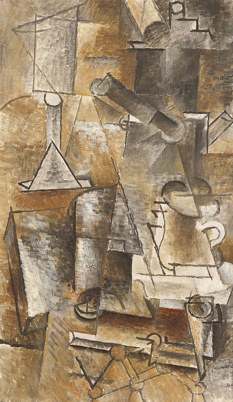 Pablo Picasso (1881-1973), Cafetière, tasse et pipe, 1911. Oil on canvas. 18⅛ x 10⅝ in (46 x 27 cm). Estimate $8,000,000-12,000,000. Offered in Masterpieces from the S.I. Newhouse Collection on 11 May 2023 at Christie’s in New York