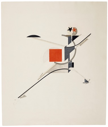 El Lissitzky (1890-1941), Die Plastische Gestaltung der Elektro-Mechanischen Schau Sieg über die Sonne, 1923. Lithographs in color, on machine-made wove paper. 21 x 18 in. (53 x 45.5 cm). Sold for $138,600 in The Sale of the Century An Important Corporate Collection of Prints and Multiples on 19 April at Christies in New York