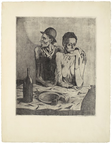 Pablo Picasso (1881-1973), Las Repas Frugal, 1904. Etching with drypoint, on Van Gelder paper. Image 18¼ x 14¾ in. (46.2 x 37.5 cm). Sheet 25⅞ x 19⅞ in. (65.7 x 50.3 cm). Sold for $239,400 in The Sale of the Century An Important Corporate Collection of Prints and Multiples on 19 April at Christies in New York