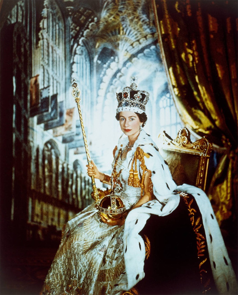 Official portrait of Queen Elizabeth II by Cecil Beaton on Coronation Day, 1953. Shot at Buckingham Palace; the Lady Chapel at Westminster Abbey in the background is a photographic sleight of hand. Photo © Cecil Beaton  Victoria and Albert Museum, London