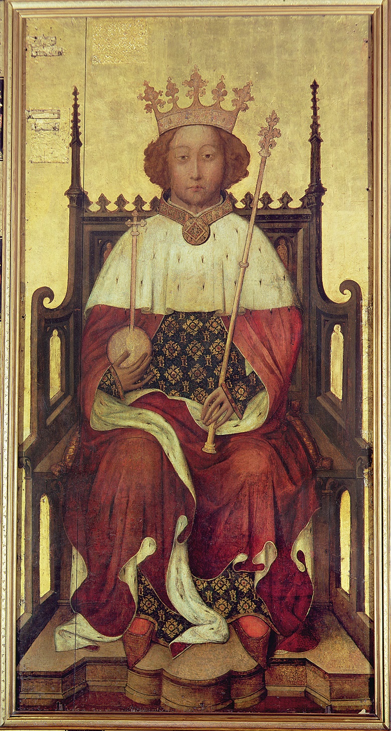 English School, portrait of Richard II (1367-1400), known as The Westminster Portrait, 1390s. Oil on panel. Westminster Abbey, London. The first contemporary portrait of a British monarch. Richard was 10 years old when crowned on 16 July 1377. Photo Bridgeman Images
