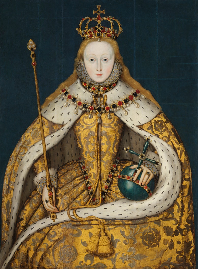 Unknown English artist, Queen Elizabeth I (1533-1603), circa 1600. Oil on panel. National Portrait Gallery, London. Known as The Coronation Portrait, it appears to have been painted about 1600 and is probably a copy of a lost original, circa 1559. Photo © National Portrait Gallery, London
