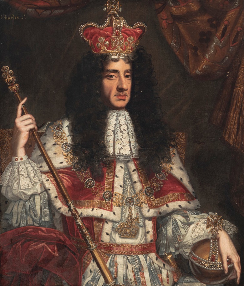 Studio of Benedetto Gennari (1633-1715), King Charles II (1630-1685), half-length, in coronation robes holding an orb and sceptre. Oil on canvas. The first king after the Interregnum was crowned on 23 April 1661. A new set of regalia had to be made, the previous set having been dispersed during the period of the Commonwealth (1649-1660)