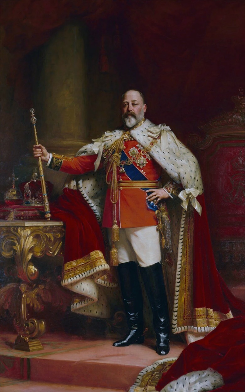 Samuel Luke Fildes (1843-1927), King Edward VII (1841-1910), 1902-12. Oil on canvas. National Portrait Gallery. This is a replica by Fildes of the state portrait he was commissioned to paint in 1901, held in the Royal Collection. The coronation took place on 9 August 1902. Photo © National Portrait Gallery, London