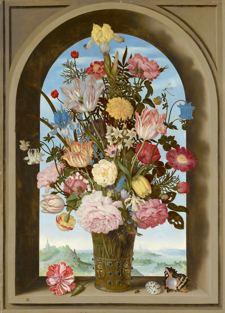 Ambrosius Bosschaert the Elder (1573-1621), Vase of Flowers in a Window, circa 1618. Oil on panel. 64 x 46 cm. Mauritshuis, The Hague, The Netherlands. Photo Bridgeman Images