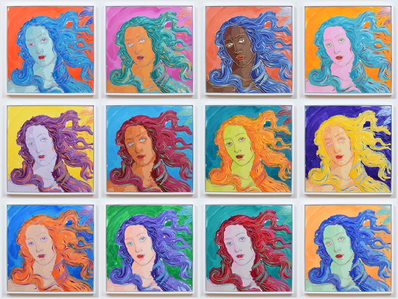 Rob and Nick Carter, 12 Robot Paintings, Birth of Venus, after Botticelli, after Warhol, 2021. Acrylic on board. Painting time 100403; stroke count 1,902. © Rob and Nick Carter