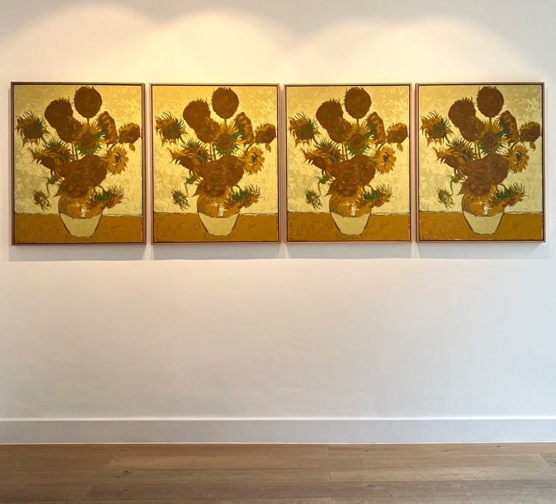 Rob and Nick Carter, Sunflowers, Robot Paintings, 2021 (after Van Gogh’s Sunflowers, 1888). Acrylic on wooden board, framed. Painting time 490303; stroke count 9,153. © Rob and Nick Carter