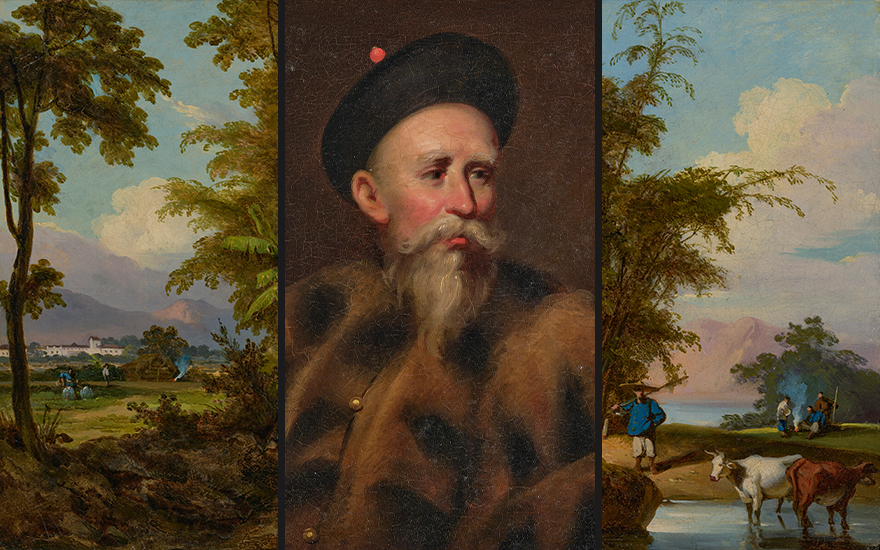 Details of three paintings by George Chinnery (1774-1852), from left A landscape in Macau with a herdsman walking along a track. 12¼ x 10⅞  in (31.1 x 27.8 cm). Estimate £30,000-50,000.