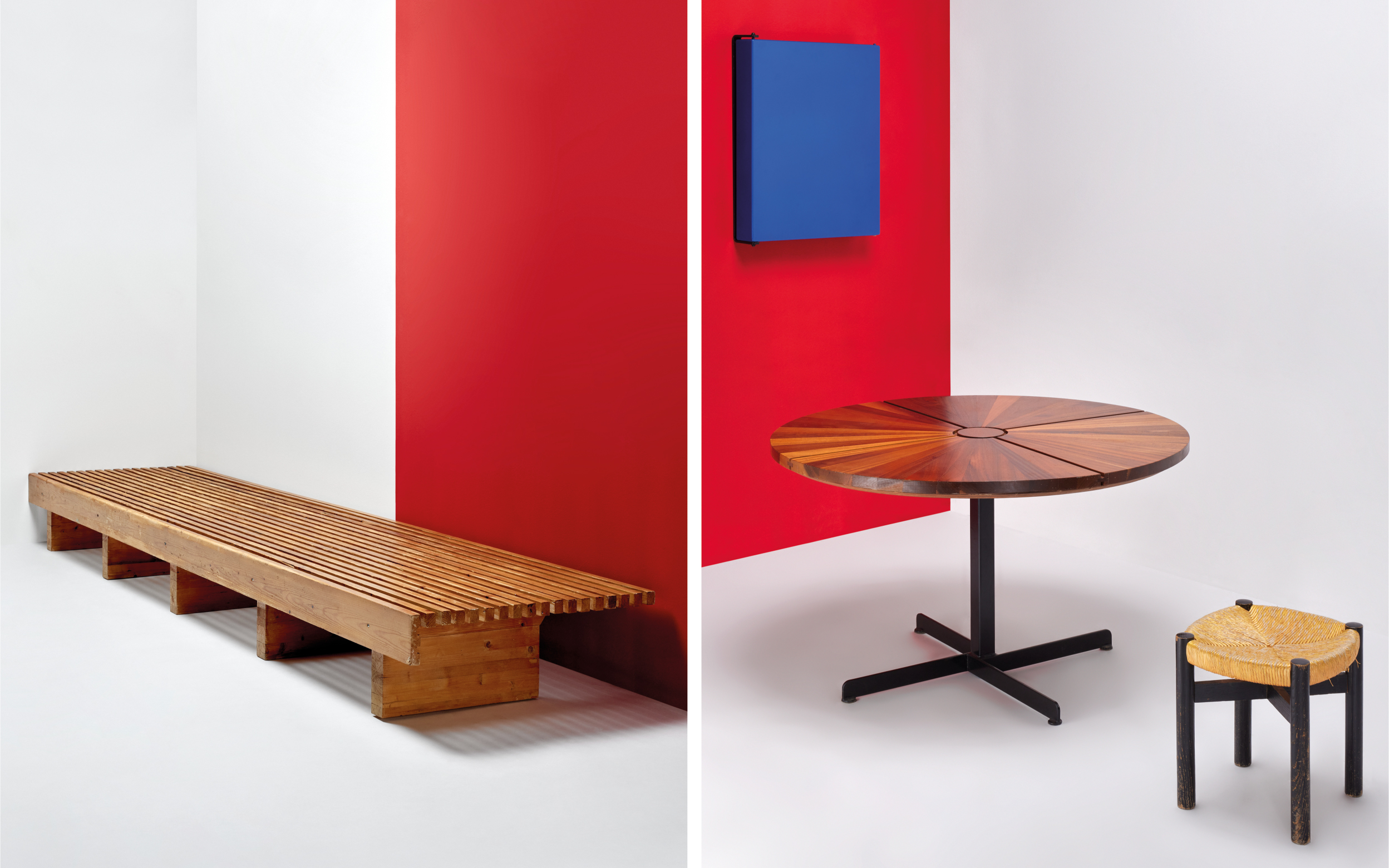 From left, by Charlotte Perriand (1903-1999) Bench with parallel slats made for Les Arcs, 1967. Estimate €10,000-15,000. Bathroom cabinet made for the Cascade Residence, Les Arcs, 1969.