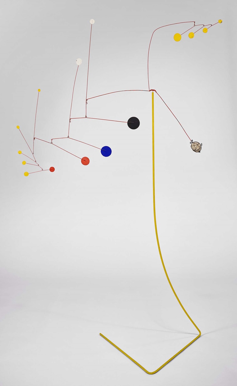 Alexander Calder (1898-1976), Caged Stone on Yellow Stalk, 1955. Sheet metal, rod, stone, wire and paint. 75 x 42 x 24½ in (190.5 x 106.7 x 62.2 cm). Sold for $3,196,000 in A Century of Art The Gerald Fineberg Collection Part I on 17 May 2023 at Christie’s in New York