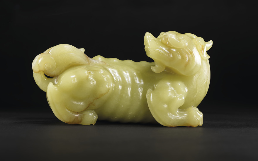 A very rare large yellow jade carving of a Xiezhi, Qianlong period (1736-1795). 7⅛ in (18.1 cm) long. Estimate HK$4,000,000-6,000,000. Offered in Important Chinese Ceramics and Works of Art on 30 May