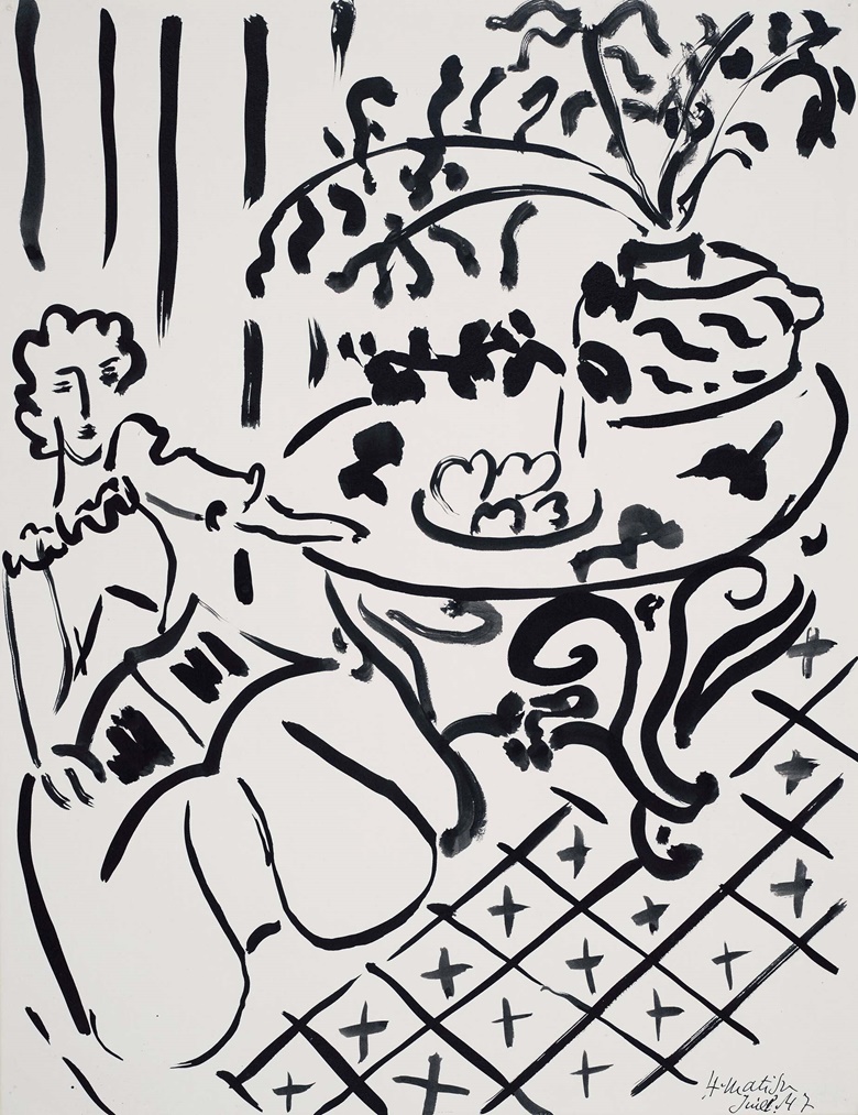 Henri Matisse (1869-1954), Fille assise à table, 1947. Brush and India ink on paper laid down on card. 20¾ x 16 in (52.7 x 40.5 cm). Sold for $504,000 in Post-War & Contemporary Art Day Sale on 12 May 2023 at Christie’s New York