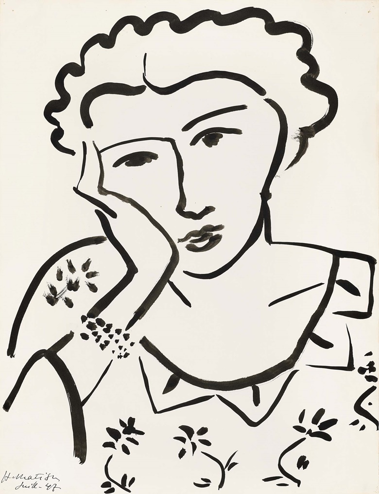 Henri Matisse (1869-1954), Jeune fille accoudée, 1947. Brush and India ink on paper. 20¾ x 15¾ in (52.7 x 40 cm). Sold for $1,623,000 in 20th Century Evening Sale on 11 May 2023 at Christie’s in New York