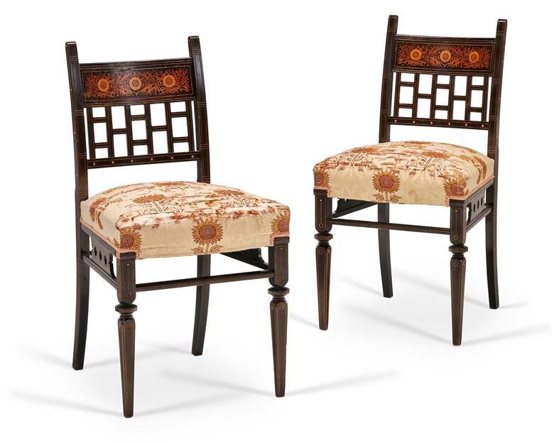 Attributed to Herter Brothers (1864-1906), the John Jacob Astor III pair of American aesthetic movement inlaid and parcel-gilt ebonized cherrywood side chairs, c. 1874. 33¼ in (84.5 cm) high. Estimate $10,000-15,000. Offered in The Ann & Gordon Getty Collection Temple of Wings on 14 June 2023 at Christies in New York