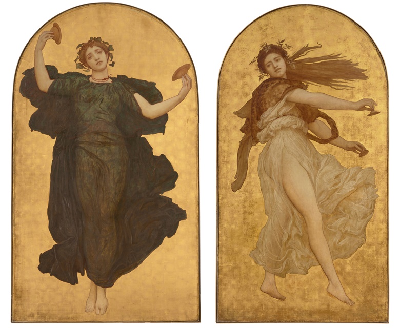 Left Frederic, Lord Leighton (1830-1896), A Dancing Girl with Cymbals in a Green Robe, c. 1869. Oil on canvas with gold leaf background, arched top. 86⅝ x 50¼ in (220.2 x 127.6 cm). Estimate $100,000-150,000; Right Frederic, Lord Leighton (1830-1896), A Dancing Girl with Cymbals in a White Robe, c. 1869. Oil on canvas with gold leaf background, arched top. 86¾ x 46¾ in
