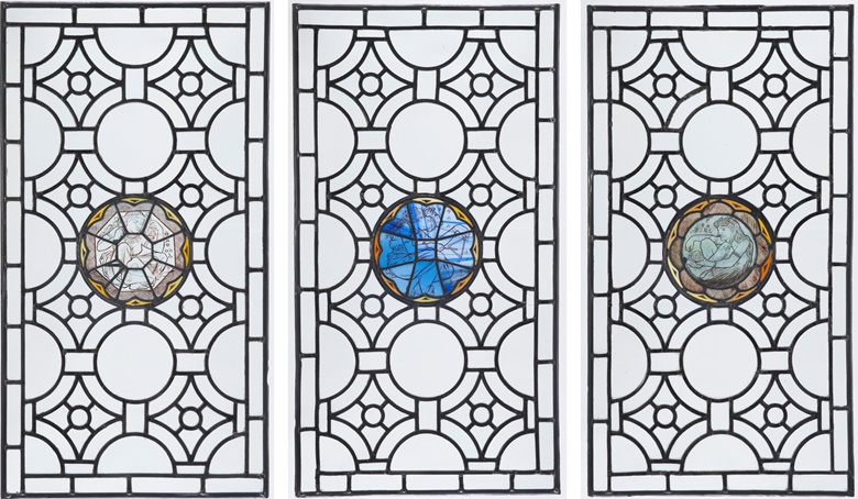 William Burges (1827-1881), rare set of nine jewel stained glass roundels, c. 1870. Leaded stained glass. Six windows 29⅛ in (74 cm) high, 20¼ in (51.5 cm) wide; three windows 37½ in (95.3 cm) high, 20¼ in (51.5 cm) wide. Estimate $20,000-30,000. Offered in The Ann & Gordon Getty Collection Temple of Wings on 14 June 2023 at Christies in New York