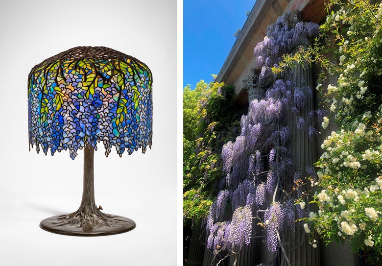 Left Tiffany Studios, ‘Wisteria’ table lamp, c. 1903. Leaded glass, patinated bronze. 26½ in (67.3 cm) high, 18⅛ in (46 cm) diameter of shade. Estimate $400,000-600,000. Offered in The Ann & Gordon Getty Collection Temple of Wings on 14 June 2023 at Christies in New York; Right Wisteria on the exterior of Temple of Wings