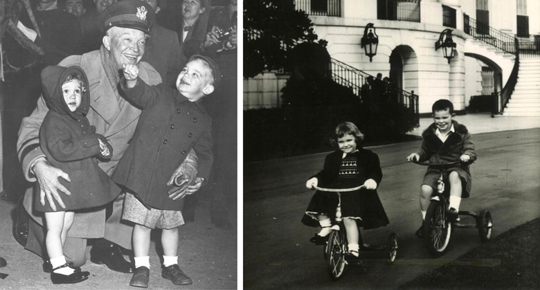 Left President Dwight D. Eisenhower with Anne and David Eisenhower. Right Anne and David Eisenhower visit the White House, 1953. Photograph AP Wirephoto