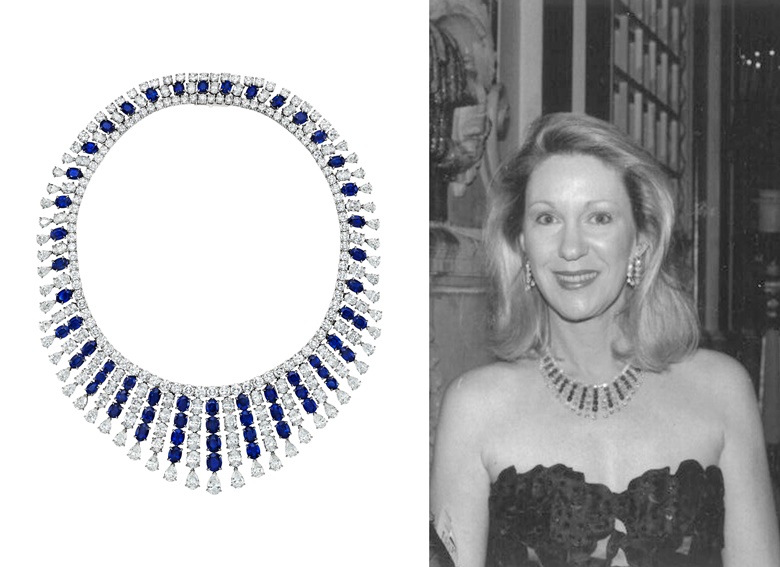 Left Van Cleef & Arpels sapphire and diamond ‘Waterfall’ necklace. Estimate $300,000-500,000. Offered in The Magnificent Jewels of Anne Eisenhower on 7 June 2023 at Christie’s in New York. Right Anne Eisenhower wearing the Van Cleef & Arpels ‘Waterfall’ necklace, 1997. Photograph © Star Black
