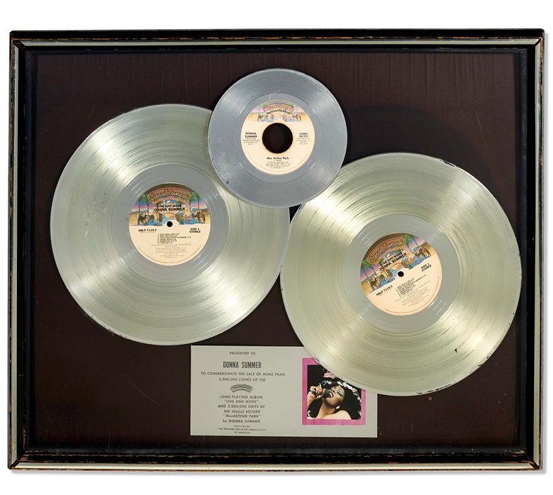 Casablanca platinum record award issued to Donna Summer for Live and More and Macarthur Park, 1978. 21½ in (54.6 cm) high, 26½ in (67.3 cm) wide. Estimate $1,000-1,500. Offered in The Collection of Donna Summer on 15-29 June 2023 at Christie’s online