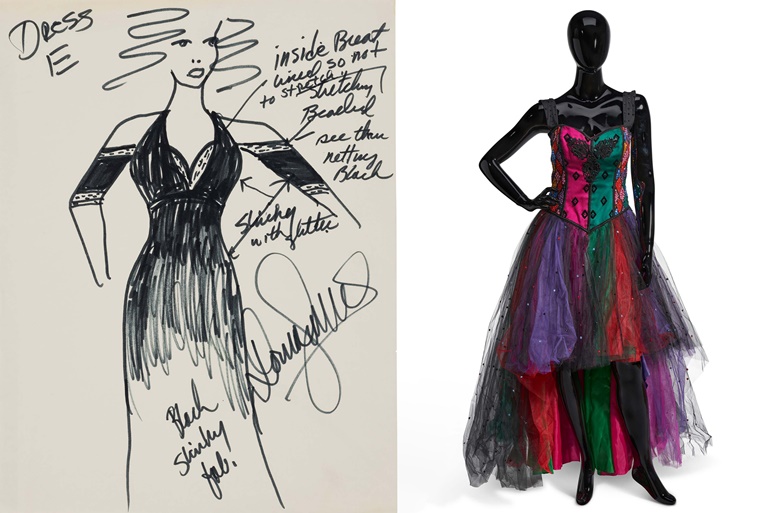 Left A group of seven costume designs drawn by Donna Summer, c. 1990. Estimate $300-500. Right A multi-coloured rhinestone-applied silk and tulle evening dress, Victor Costa, c. 1985. Indicated size 12. Estimate $1,000-1,500. Both offered in The Collection of Donna Summer on 15-29 June 2023 at Christie’s online