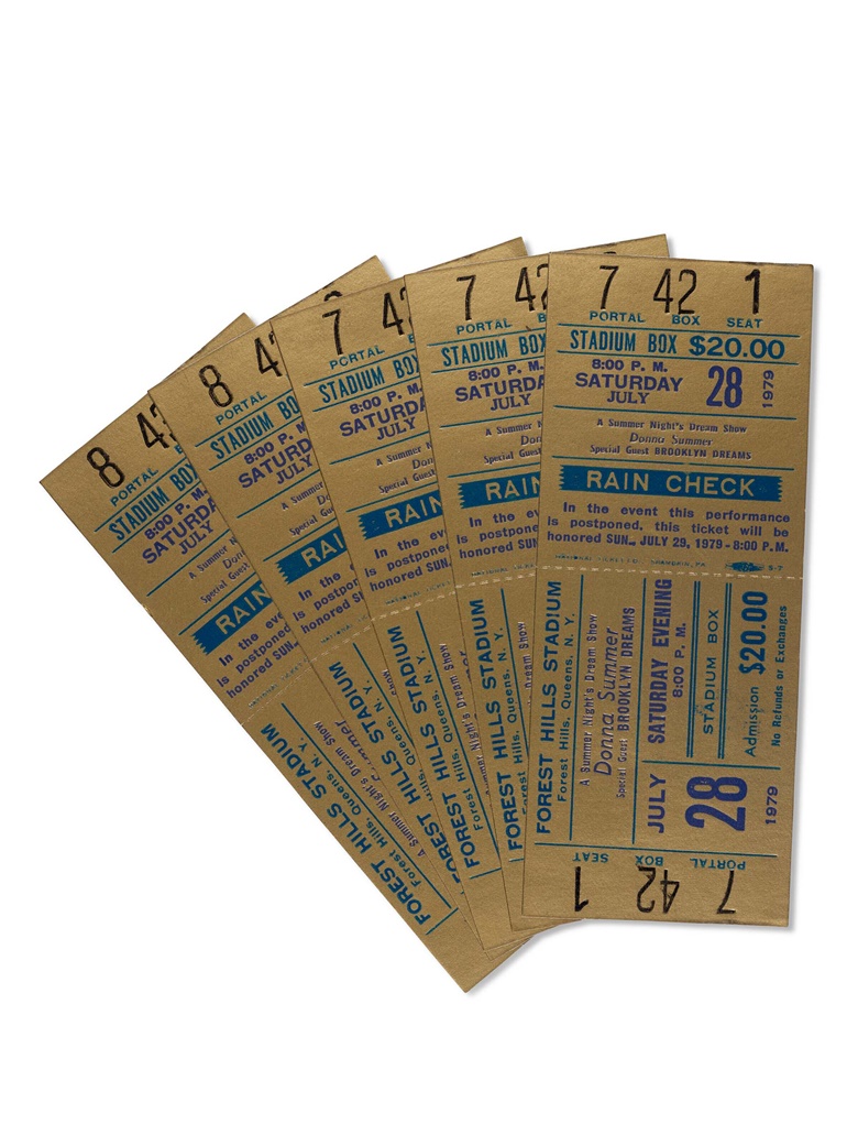 Five unused tickets to Donna Summer and Brooklyn Dreams at Forest Hills Stadium. 2 x 5 in (12.5 x 5 cm). Estimate $500-800. Offered in The Collection of Donna Summer on 15-29 June 2023 at Christie’s online