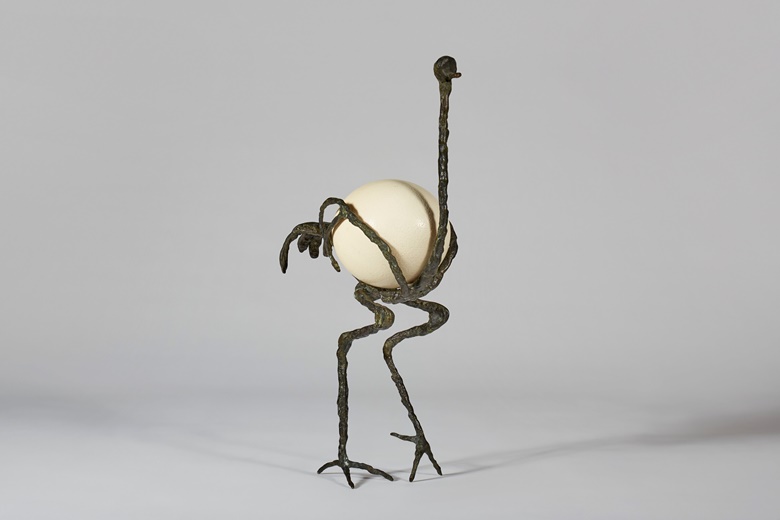 Diego Giacometti (1902-1985), Autruche, c. 1977. Patinated bronze, ostrich egg. 18⅞ x 6⅛ x 10¼ in (47.9 x 15.6 x 26.1 cm).  Estimate $80,000-120,000. Offered in  Design on 8 June 2023 at Christie’s in New York
