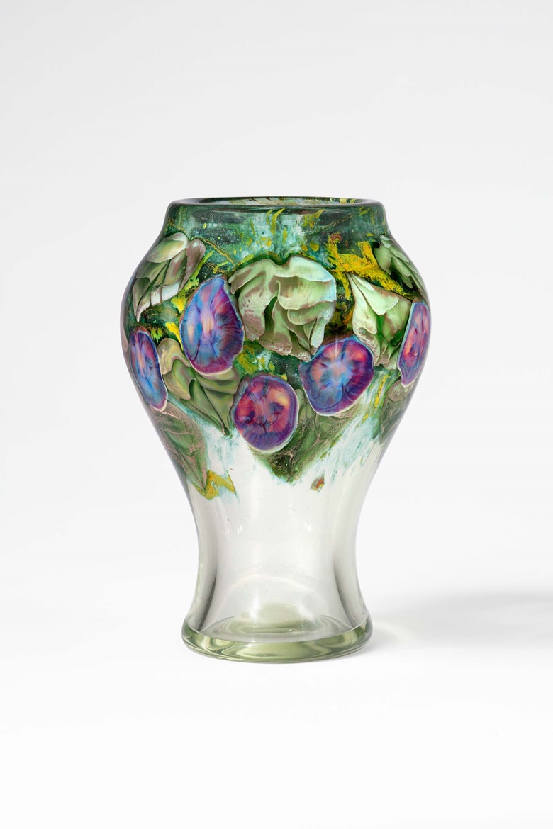 Tiffany Studios, Important and rare ‘Morning Glory’ paperweight vase, c. 1913. Favrile glass. 7½ in (19 cm) high, 5¼ in (13.3 cm) diameter. Estimate $70,000-100,000. Offered in Design on 8 June 2023 at Christie’s in New York